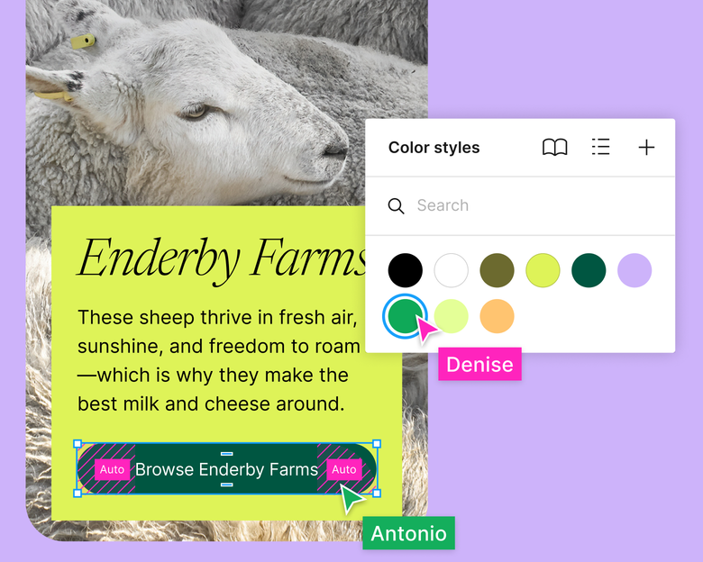 Team cursors select color styles and auto layout on a webpage.