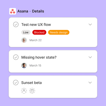 A representation of the Asana widget in FigJam on a purple background.