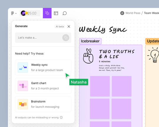 A cursor using the generate feature in FigJam AI to create a “Weekly Sync” template with stickies for their team to contribute.