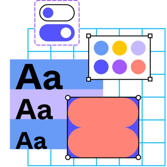 Toggles, shapes, letters, and bounding boxes layered over a grid as part of a design system