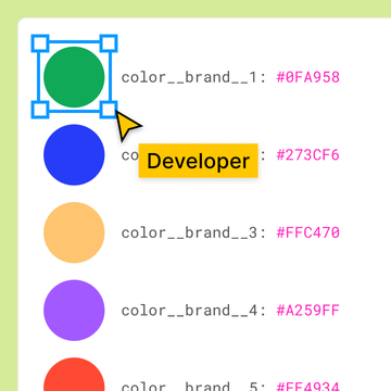 A developer cursor selecting a green circle and viewing hex codes for brand colors in a design system library.