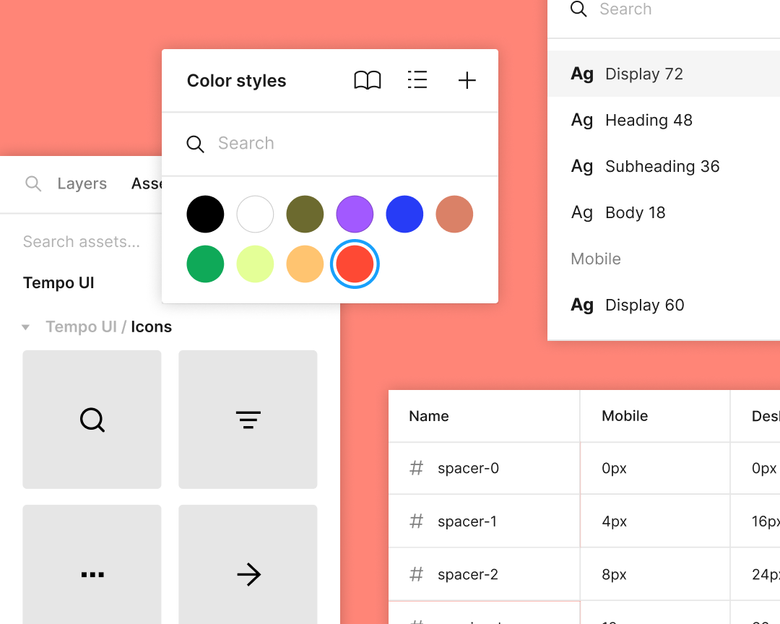 A library of icons, colors, typeface styles, and spacers