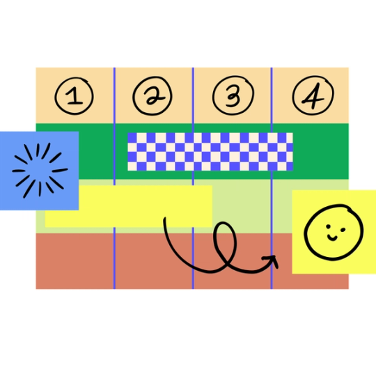 An abstracted product management timeline using FigJam washi tape, scribbled numbers, colored stickies, and an arrow.
