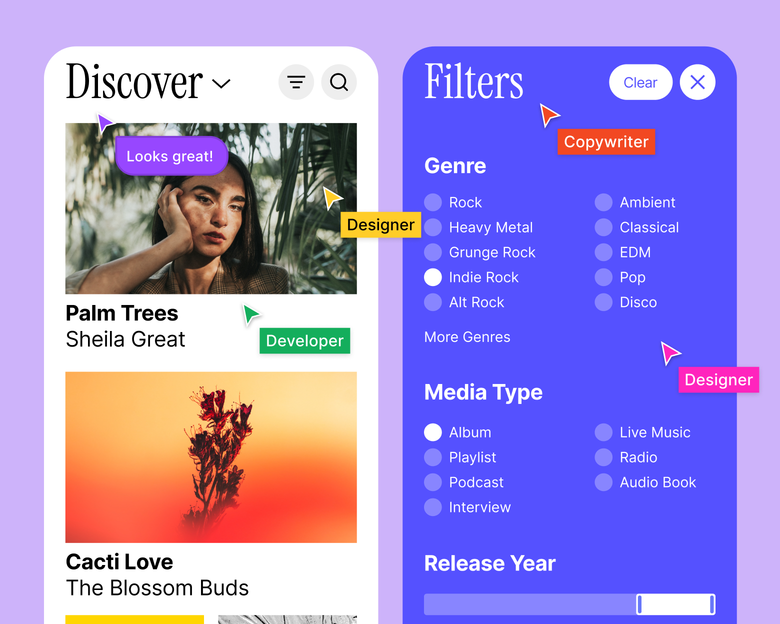 Team cursors hovering over an app landing page.