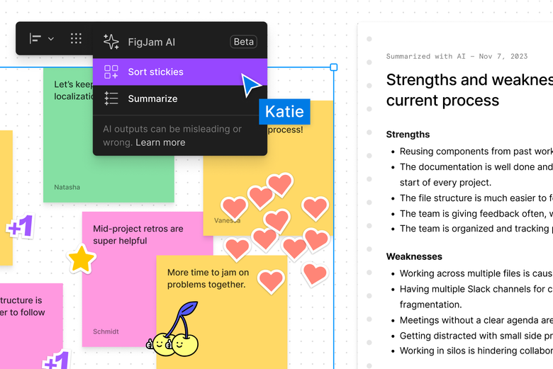 A FigJam board with several stickies being sorted and summarized using FigJam AI.