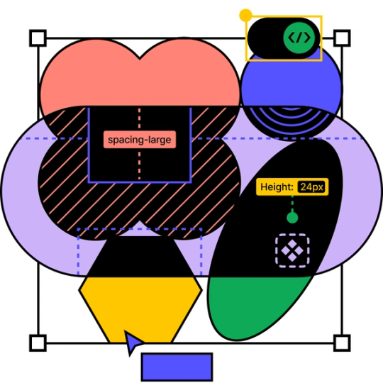 Shapes and symbols representing Figma’s Dev Mode, including the Dev Mode toggle, a CSS box model, cursor chat, height dimensions, and a bounding box.