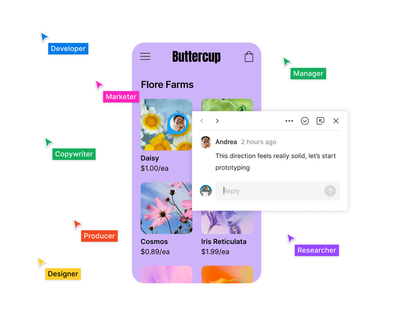 Cursors interact on a mobile design in a Figma file, and a selected comment confirms alignment