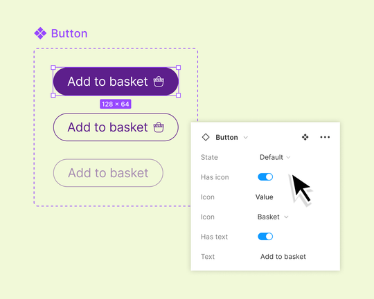 A panel view of engineering properties for an “Add to Basket” button component.
