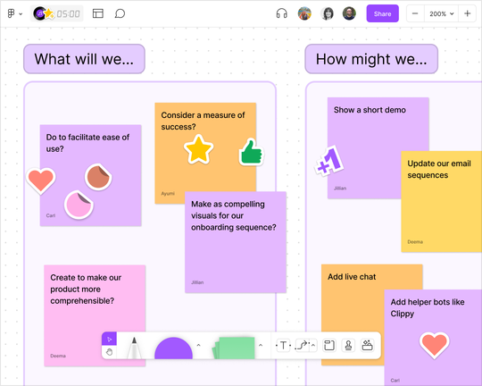 FigJam file with “What will we…” and “How might we…” sections including sticky notes and sticker reactions from teammates.