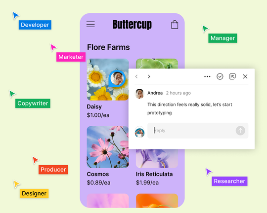 Team cursors surround a mobile app design. A comment says “This direction feels really solid, let’s start prototyping.”