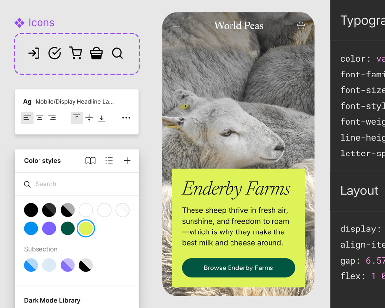Panels outlining icons, color styles, and type and layout styles for a mobile screen from an e-commerce site.