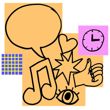 A large group of orange stickies with a hand-drawn speech bubble, heart, and other shapes