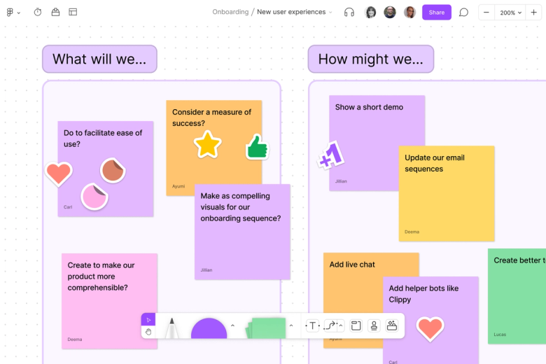 A FigJam file labeled "onboarding" with sections and stickies to make a new user experience better