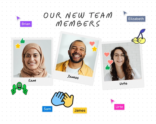 Polaroid images of new team members with reactions