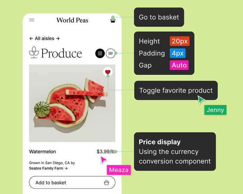 Team cursors viewing annotations on a mobile app product page—showing functionality, height, and spacing.