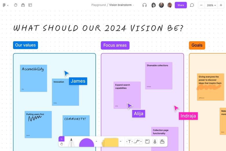 A vision board for 2024 featuring stickies in three sections labeled "Our values", "focus areas", and "goals"