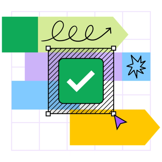 An abstracted timeline in FigJam with arrow and star illustrations, colored stickies on a grid, and a green checkmark.
