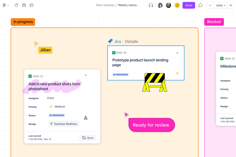 Sections with tasks from Asana and Jira slotted into "In progress", "Blocked", and "Done"